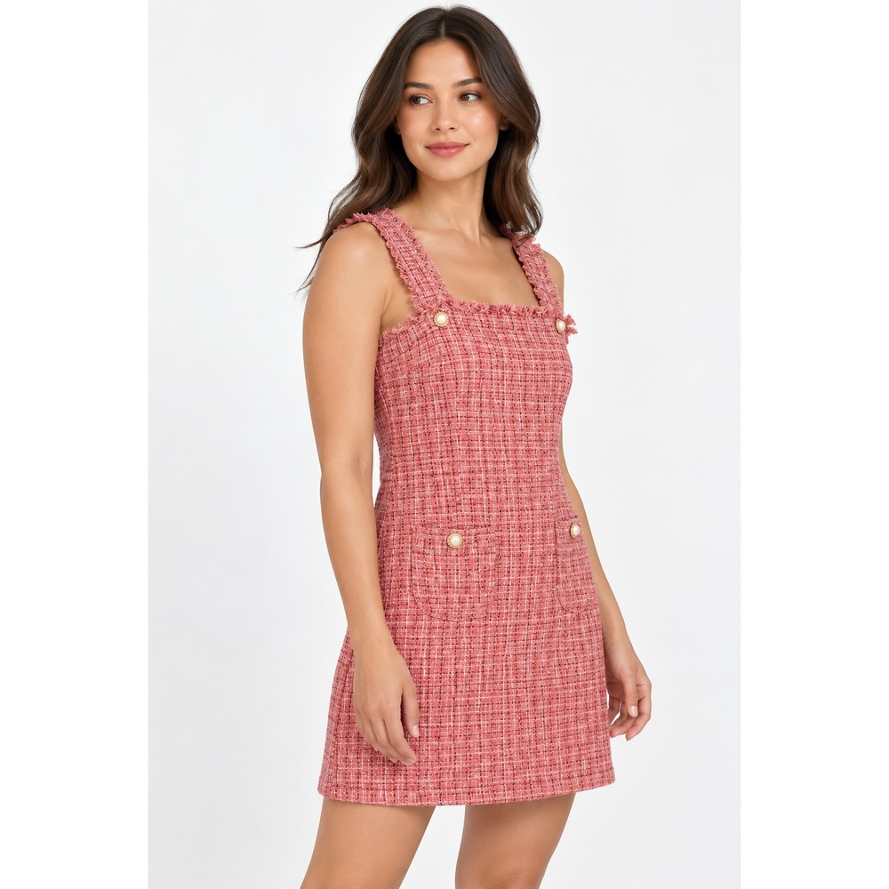 Entro Dress Womens S Pink Plaid Tweed Square Neck Sleeveless Mini Shift Buttons